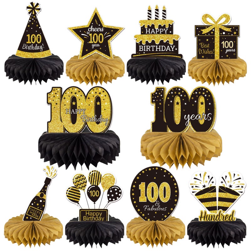 Gexolenu 10 Pcs 100 Birthday Honeycomb Centerpieces Gold Black Cheers to 100 Years Birthday Centerpieces Tables Toppers for Men Women One Hundred Birthday Birthday Party Decorations Supply - Image 1